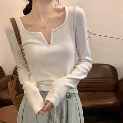 德绒磨毛V领正肩长袖T恤女秋冬