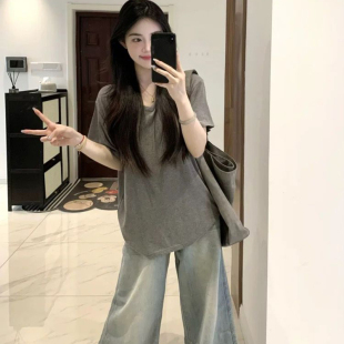 简约纯色打底衫 夏季 T恤女宽松韩版 2025新款 内搭可外穿上衣 V领短袖