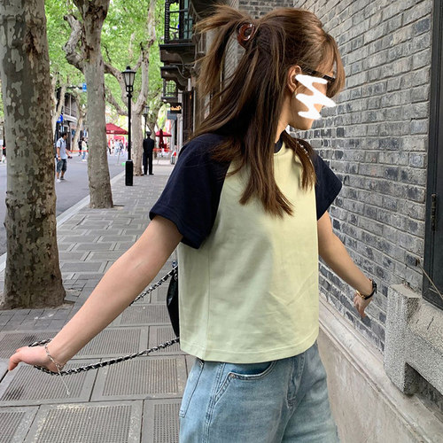 拼色设计感小众T恤插肩短袖女夏