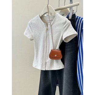 韩版 T恤女夏季 修身 圆领打底衫 上衣 双拉链开衫 内搭半袖 设计感短袖