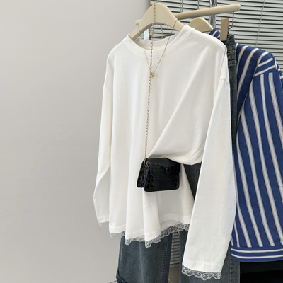 白色蕾丝花边拼接长袖T恤女春秋