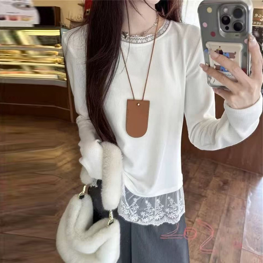 蕾丝花边下摆长袖T恤女秋冬季德绒磨毛打底衫内搭修身韩版上衣潮,女装/女士精品,T恤,淘宝优惠券,粉丝福利购,淘宝优惠卷