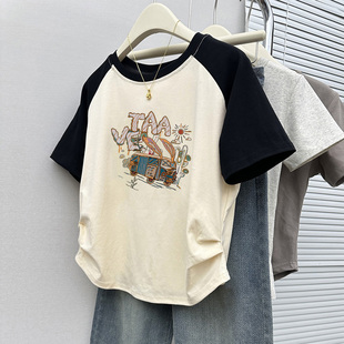 纯棉短袖 韩版 夏季 t恤女2025新款 上衣服潮ins 宽松插肩半袖 拼色短款