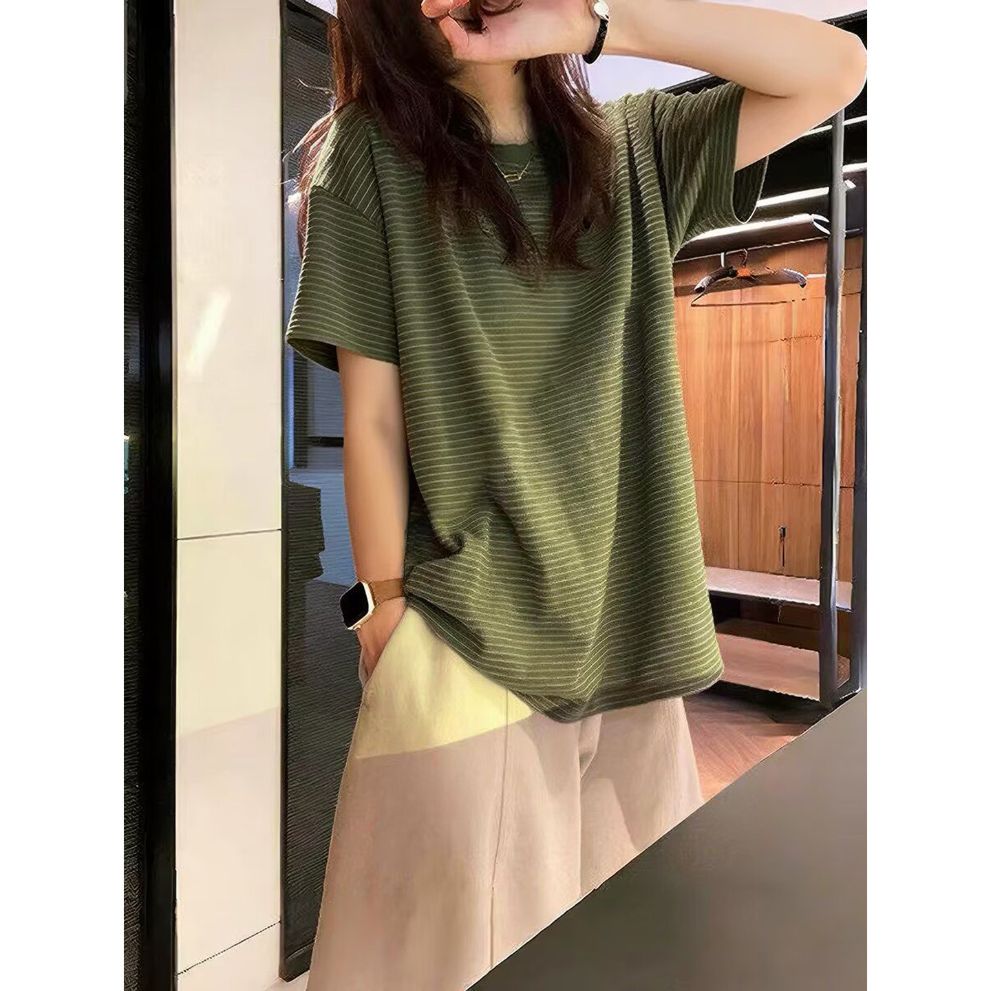 美式chic慵懒撞色条纹短袖T恤女夏季宽松韩版内搭打底衫半袖上衣