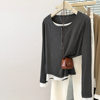 设计感假两件拼接长袖T恤女春秋