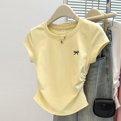 奶黄色圆领正肩短袖T恤女夏季