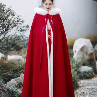 红色披风斗篷女中国风长款毛领加绒加厚汉服古装披风秀禾服披肩冬