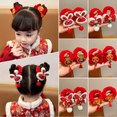 新年儿童毛绒发圈流苏头绳红色过年喜庆女童宝宝古风发饰头饰发绳