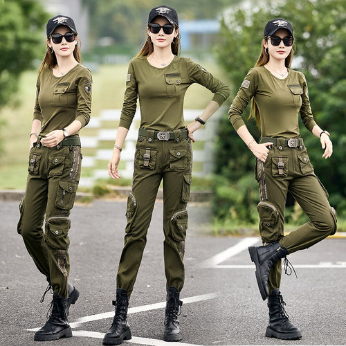 春秋季迷彩服套装女长袖2026新款圆领两件套百搭显瘦水兵舞服装