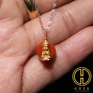天然南红镶嵌s925纯银镀金宝宝佛如来吊坠侧挂提溜手串文玩配饰