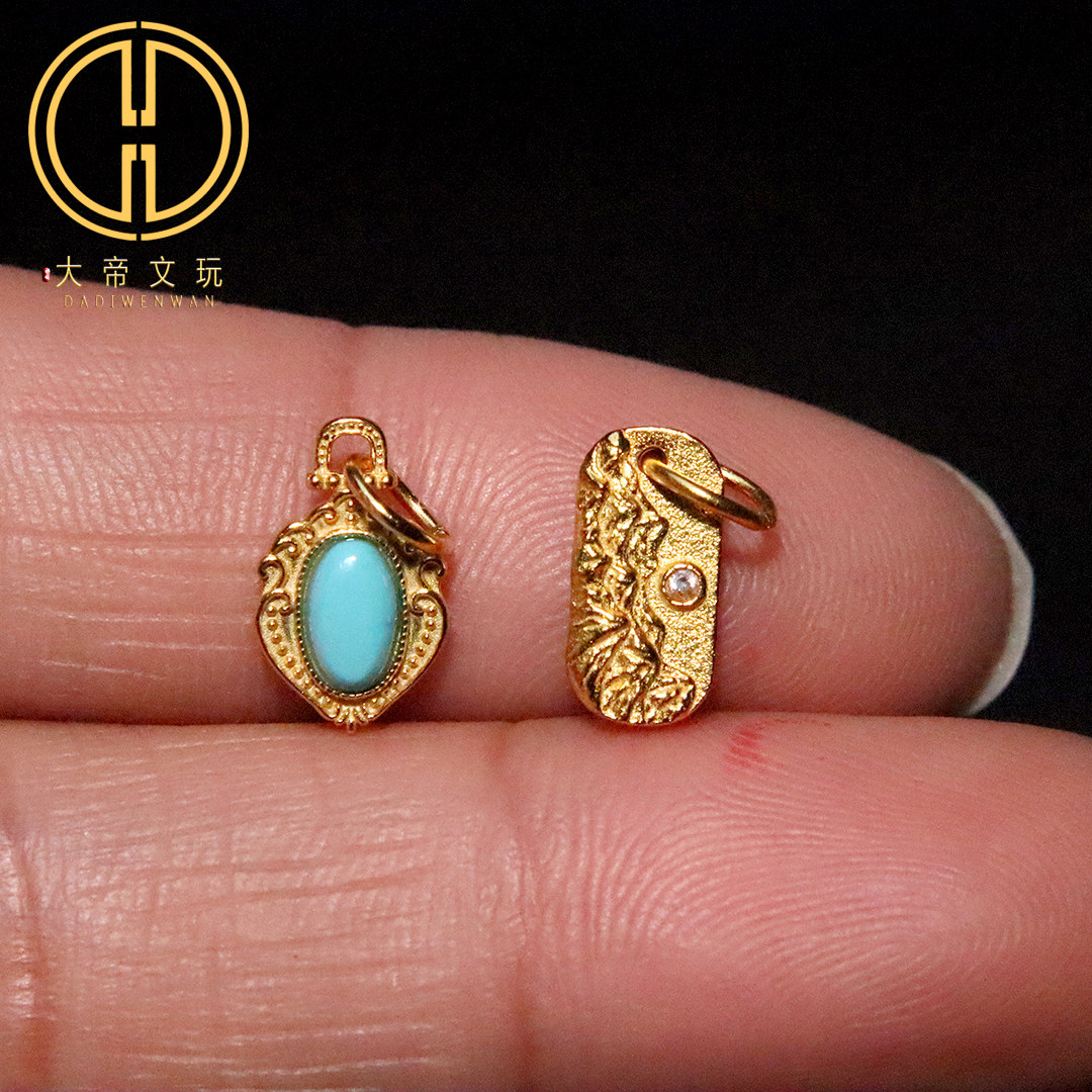 纯银925银镀金镶嵌天然绿松侧挂五行吊坠提溜手串项链编绳diy配饰