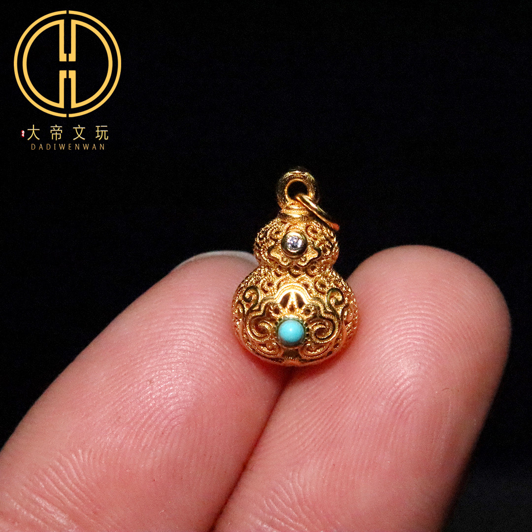 s925纯银镀金镂空雕花镶嵌绿松葫芦吊坠侧挂件手链手串项链配饰