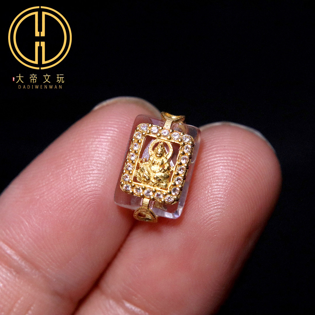 银镀金纯银925天然白水晶镶嵌黄财神隔珠背云手链编绳diy文玩配饰