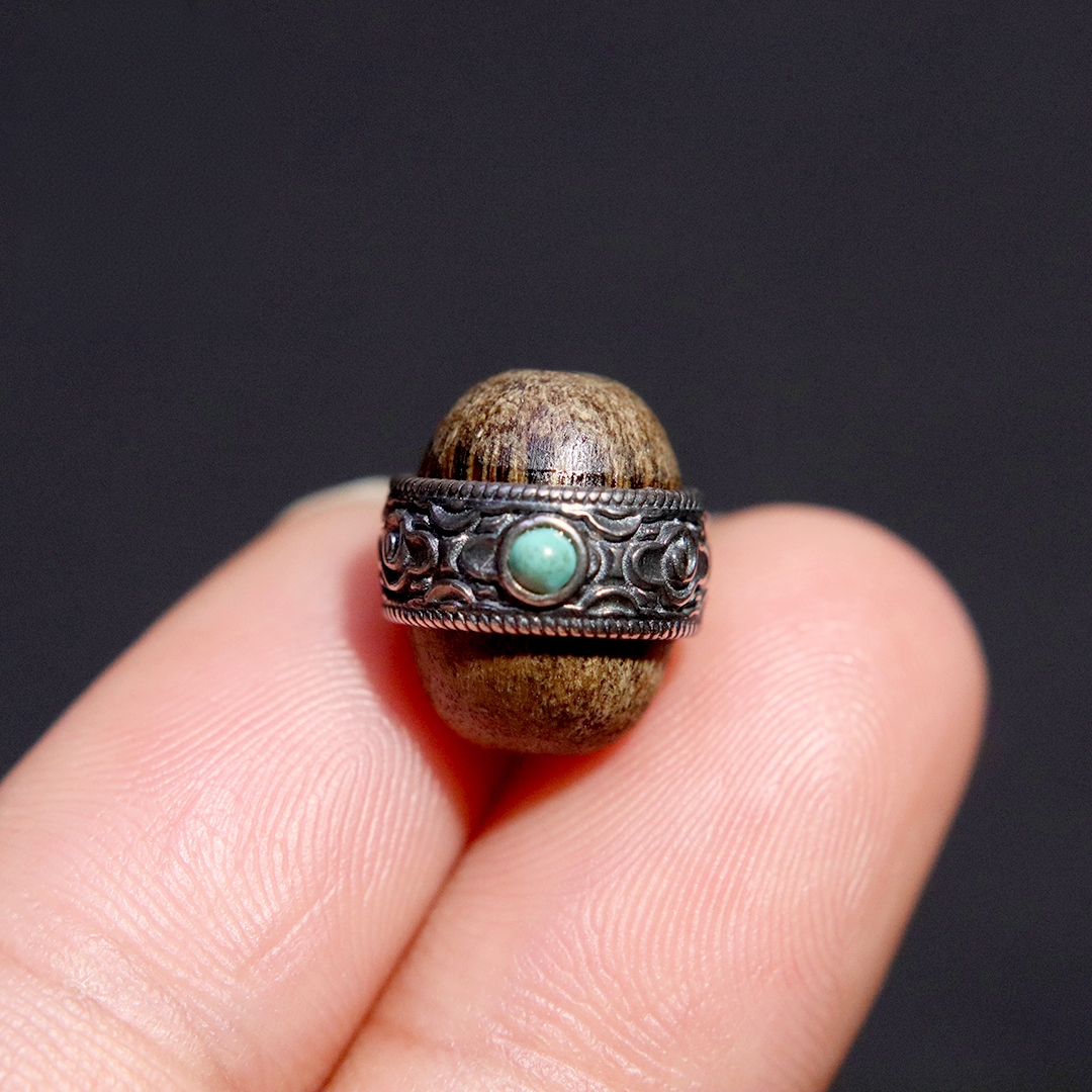 纯银s925天然沉香木桶珠镶嵌祥云回纹隔珠散珠手串手链diy配饰品