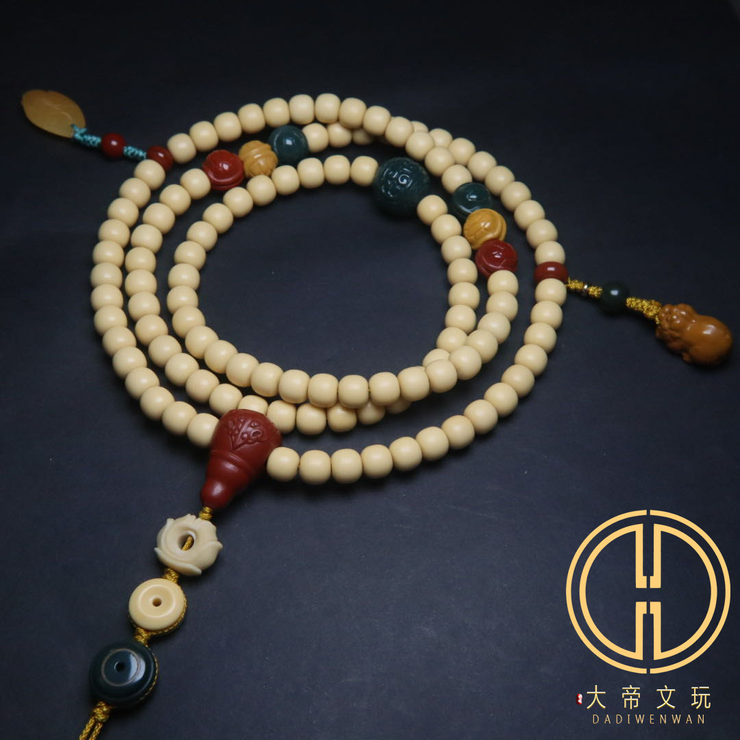 天然金膏玉精品108长串阿拉善红绿灯富甲回纹珠仿古兽面三通套装