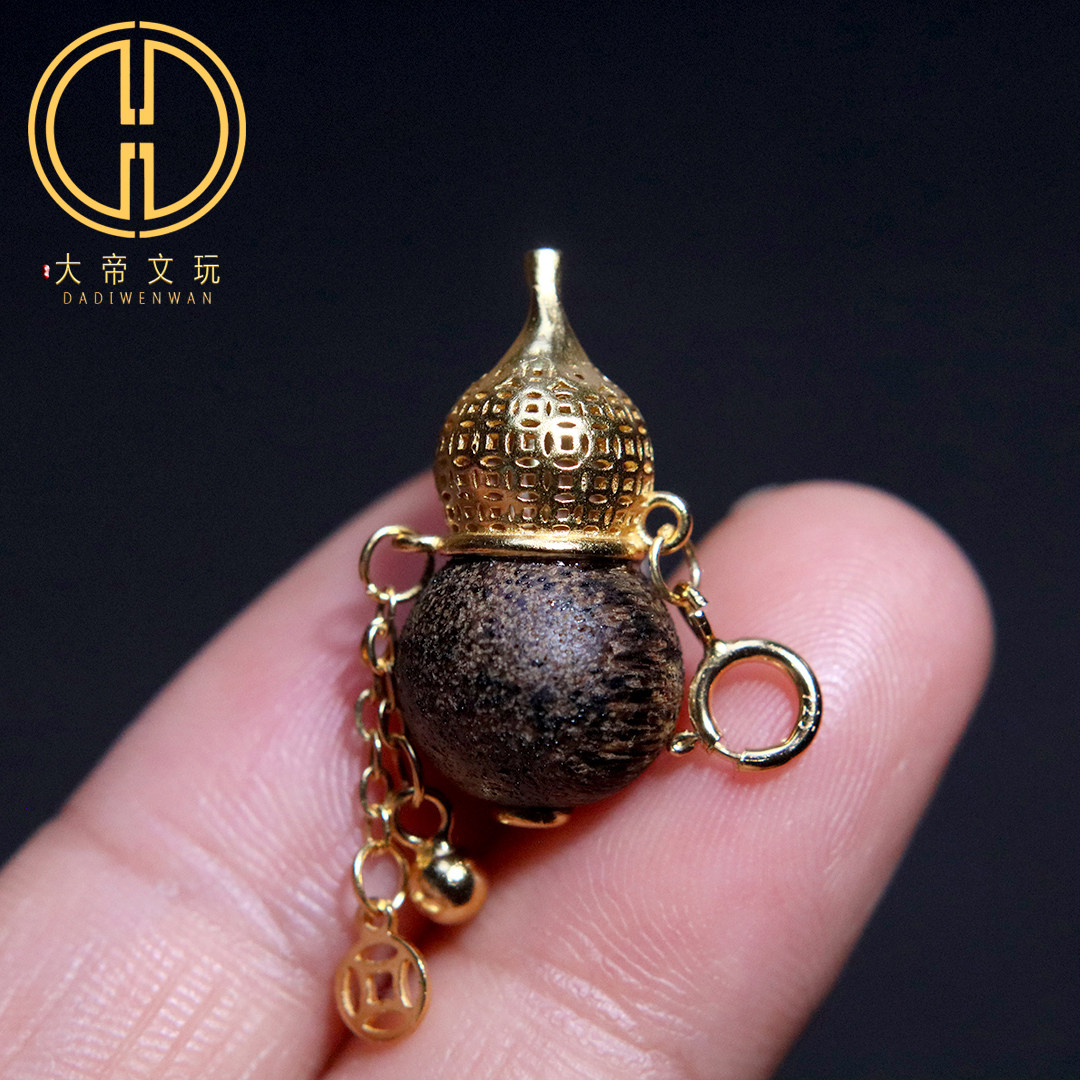 s925纯银镀金镶嵌天然沉香木葫芦吊坠侧挂提溜项链手串文玩配饰