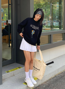 Acebase秋冬季套头圆领网球印花加绒卫衣女2025新款宽松慵懒风