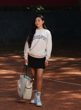 AceBase花灰色加绒加厚美式复古宽松落肩网球卫衣男女同款外套