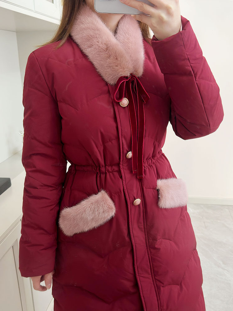 2024冬季复古红水貂毛拼接羽羽绒服