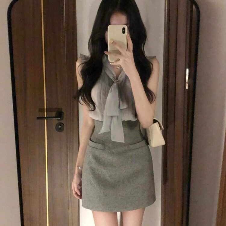 微胖法式高级感无袖飘带衬衫女春夏季通勤OL气质包臀半身裙两件套