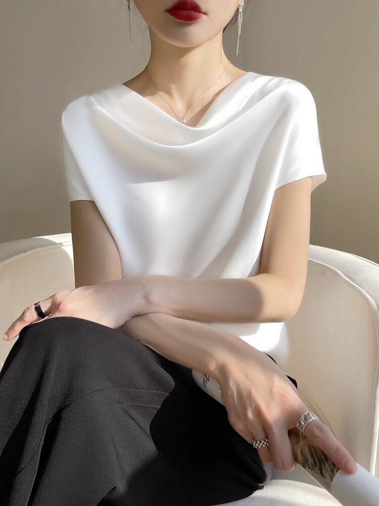 高级感缎面t恤上衣女夏季薄款醋酸短袖2025新款宽松百搭韩范上衣