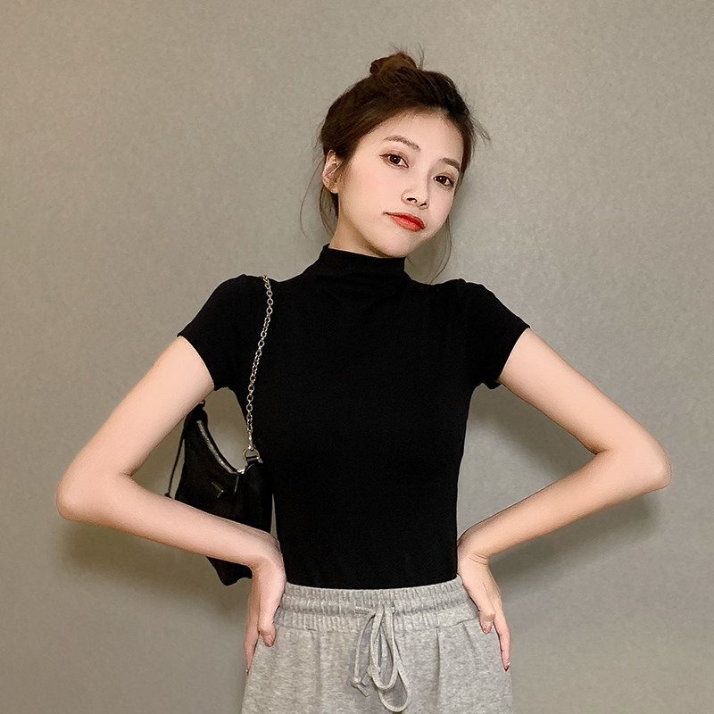 莫代尔半高领T恤女2024夏季薄款修身百搭短袖百搭黑色半袖上衣