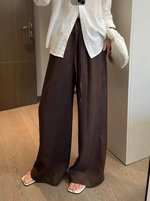 100%全亚麻宽松垂感阔腿拖地长裤