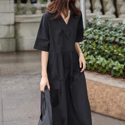 文艺宽松A版纯棉纯色收皱气质裙