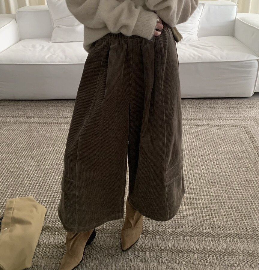 复古棕色灯芯绒大码阔腿九分裤女2026秋冬新款高腰显瘦裤子