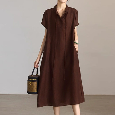 夏季大码天丝亚麻短袖衬衫裙
