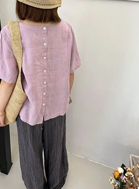 2026夏季短袖100%全亚麻文艺大码胖妹200斤气质亚麻宽松开扣小衫