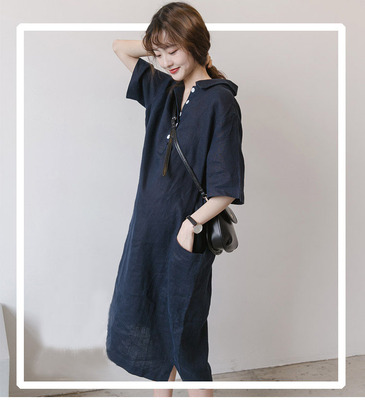 文艺春夏休闲亚麻棉显五分袖裙子