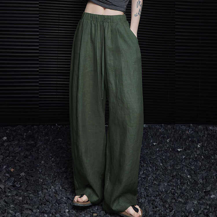 100%纯亚麻2025春秋大码200斤绿色阔腿裤女新款宽松休闲直筒长裤