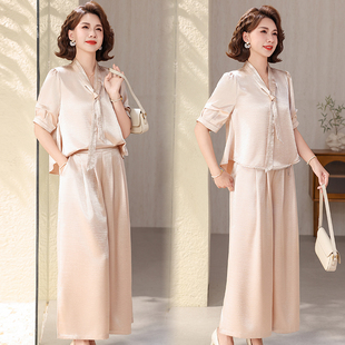阔太太围巾领套装 中年妈妈时尚 新款 两件套女2026夏装 洋气中袖 衬衫
