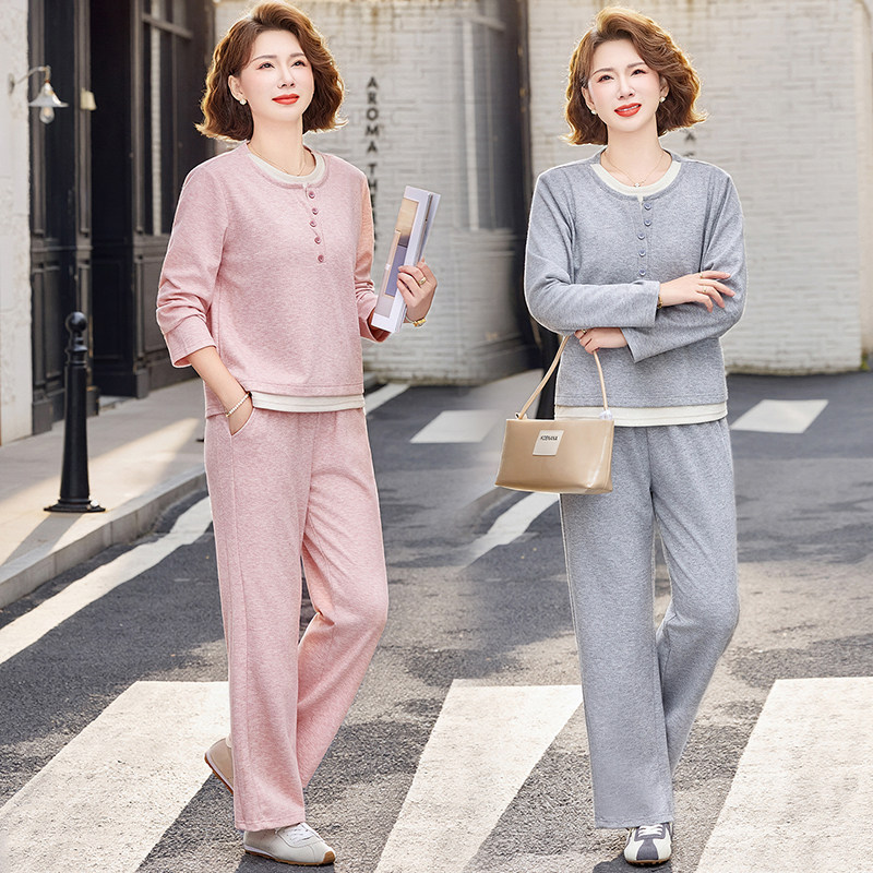 中年妈妈时尚运动减龄两件套女2026春秋装新款阔太太薄款卫衣套装