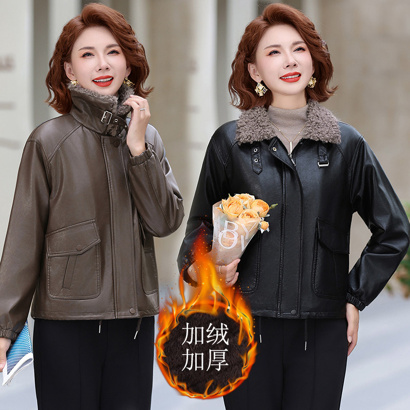 中年妈妈时尚洋气加绒保暖皮衣