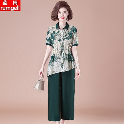 中年妈妈短袖雪纺洋气两件套装