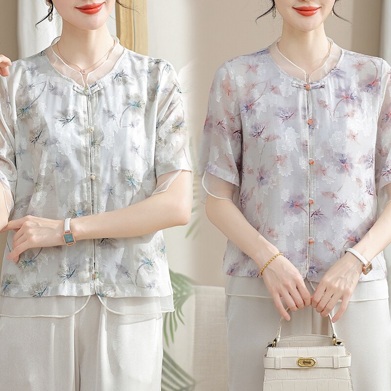 中年妈妈时尚洋气雪纺小衫上衣女2026夏装新款阔太太碎花短袖T恤