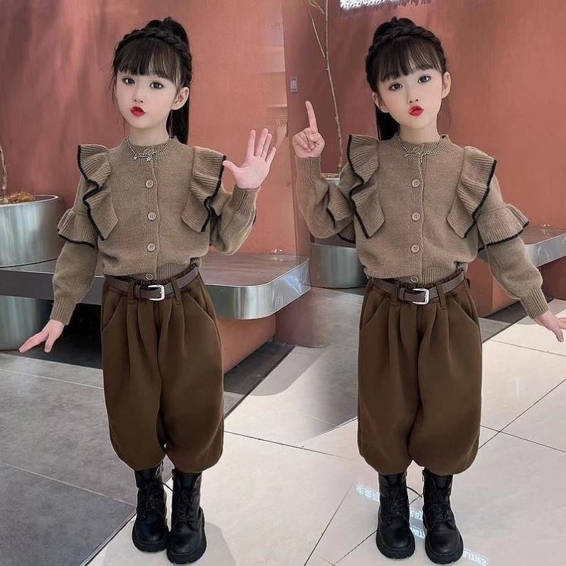 女童毛衣哈伦裤套装2024秋冬装新款中大儿童装女孩加绒收脚长裤子