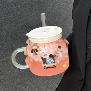 新款 加厚玻璃吸管杯大容量带盖玻璃杯办公室带把手马克杯早餐杯子