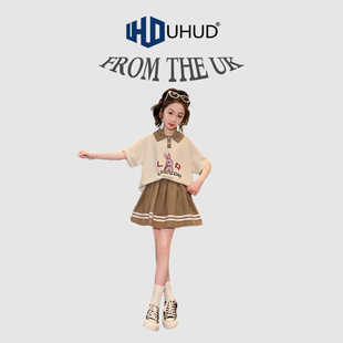 UHUD英国女童套装 洋气短袖 新款 2024夏装 学院风中大童百褶裙两件套