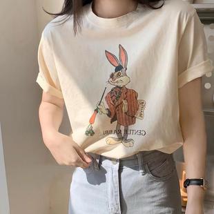 短袖 圆领卡通兔子印花图案宽松休闲上衣女ins潮 t恤女夏季 2025新款