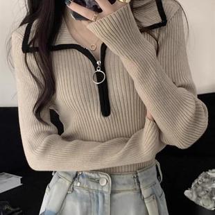 高级感撞色半拉链翻领毛衣女春季 上衣 东莞大朗打底修身 显瘦针织衫