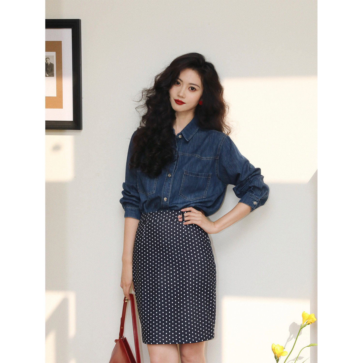 TAIYANG 白色波点半身裙通勤复古港风气质穿搭短裙职场包臀裙女