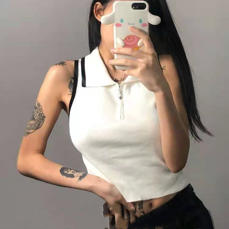 2025春夏娃娃领半开襟拉链撞色针织背心女紧身弹力高腰露脐上衣潮