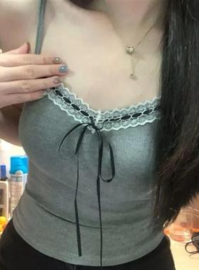 韩系冰丝吊带蕾丝花边背心chi少女甜美风内搭设计感灰色系带上衣