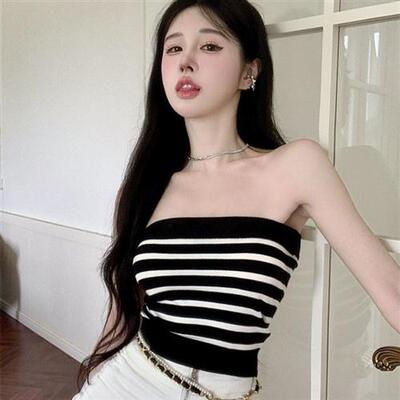 甜辣风小众别致条纹夏季打底抹胸肩女背心纯欲性感辣妹针织上衣潮