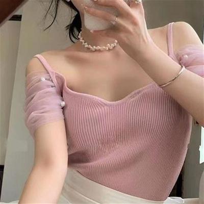 新款现货芭比姨同款法式圆领薄款钉珠性感露肩修身短袖针织上衣夏