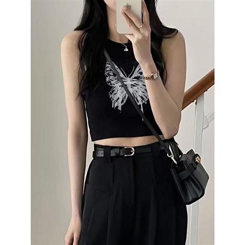 黑色高级感无袖蝴蝶印花新款小背心短款女2024年夏日坎肩体恤上衣