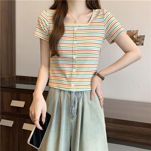 简约休闲短款T恤条纹短袖女方领夏季新款显瘦百搭半袖正肩女性感